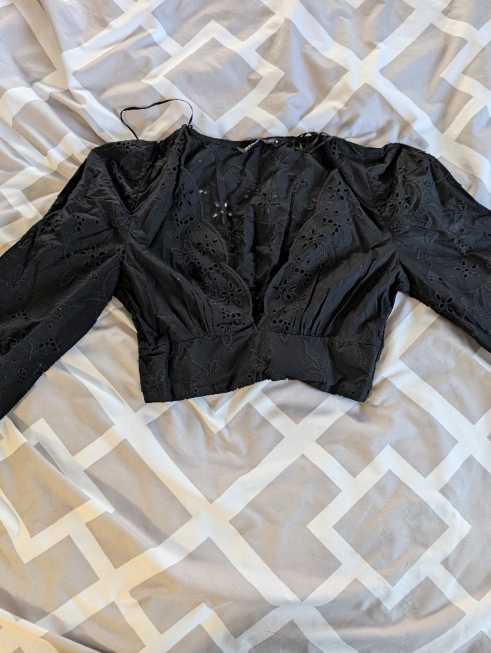 Zara Black Eyelet Cropped Long-Sleeve Top